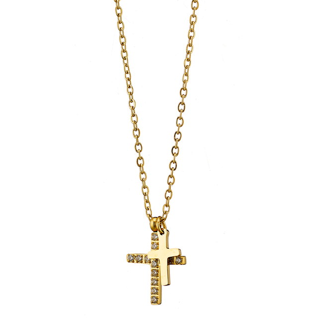 Women's Short Double Cross Necklace 316L Steel-White Zircons N-07357 Artcollection