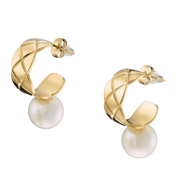 Women's Earrings Steel Hoop-Pearl 316L Gold IP N-02178G