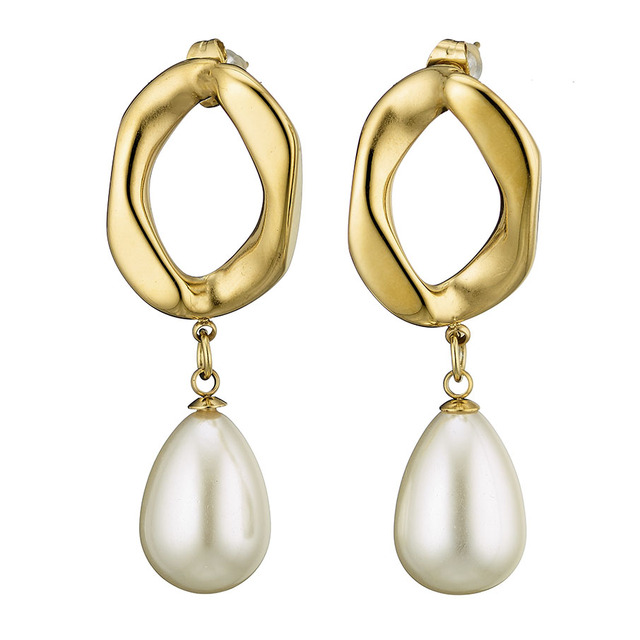 Women's Earrings Steel Link-Pearl 316L Gold IP N-02182G