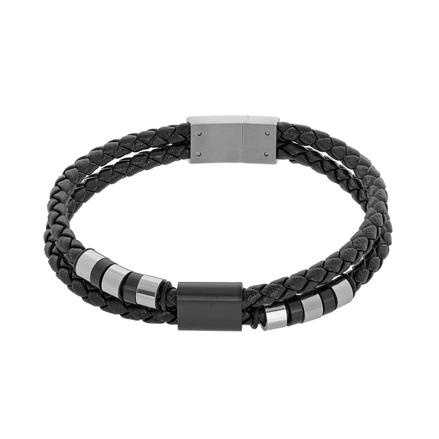 Men's Bracelet Visetti Steel-Double Black Knitted Leather Black IP