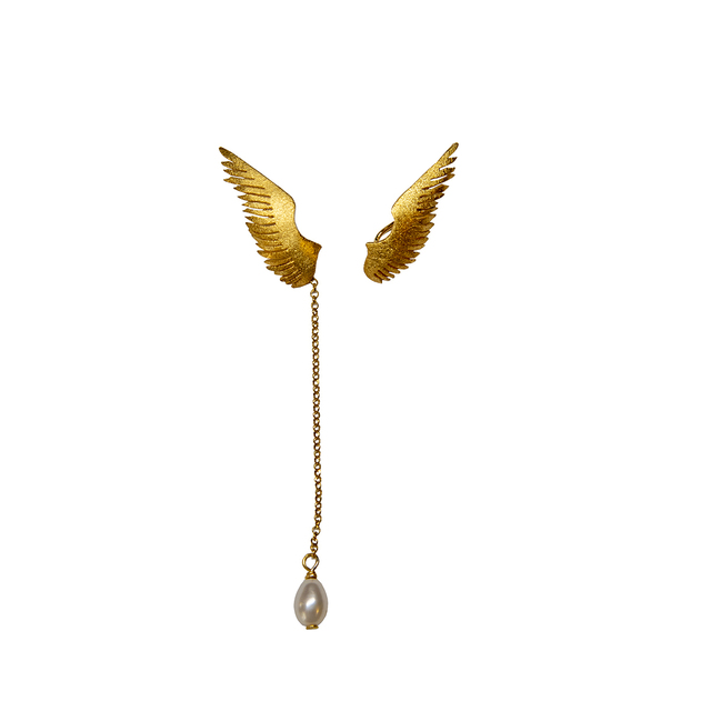Γυναικεία Ασύμμετρα Σκουλαρίκια Climber Φτερά SC2010SG Ασήμι 925 Επίχρυσα-Μαργαριτάρι
