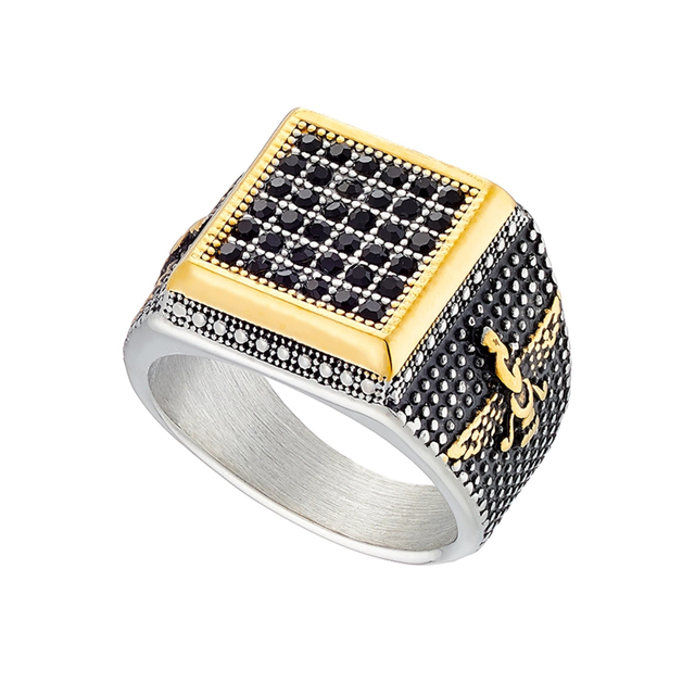 Men's Ring Black Zircons Steel 316L-Gold Plating N-03852 Artcollection