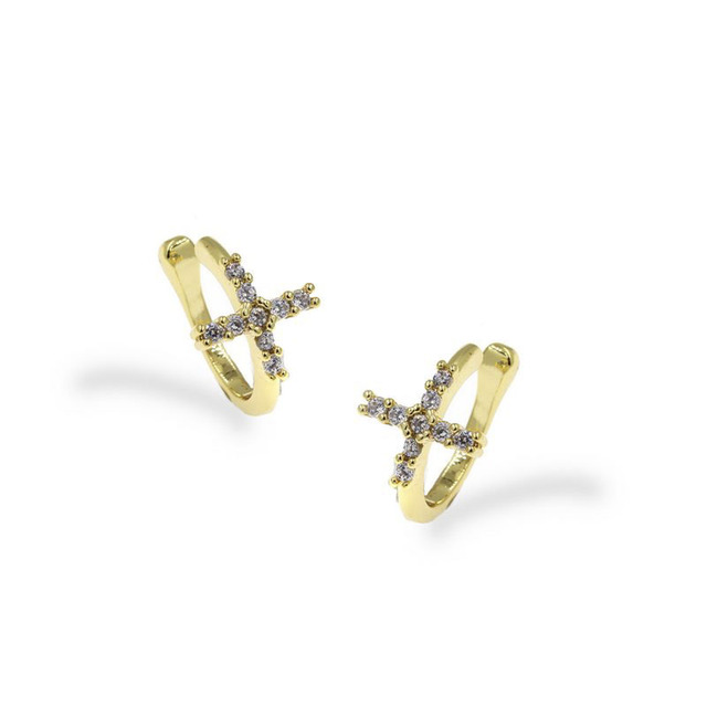 Cuff Earrings Cross Brass - Gold Plated White Crystals 303100810