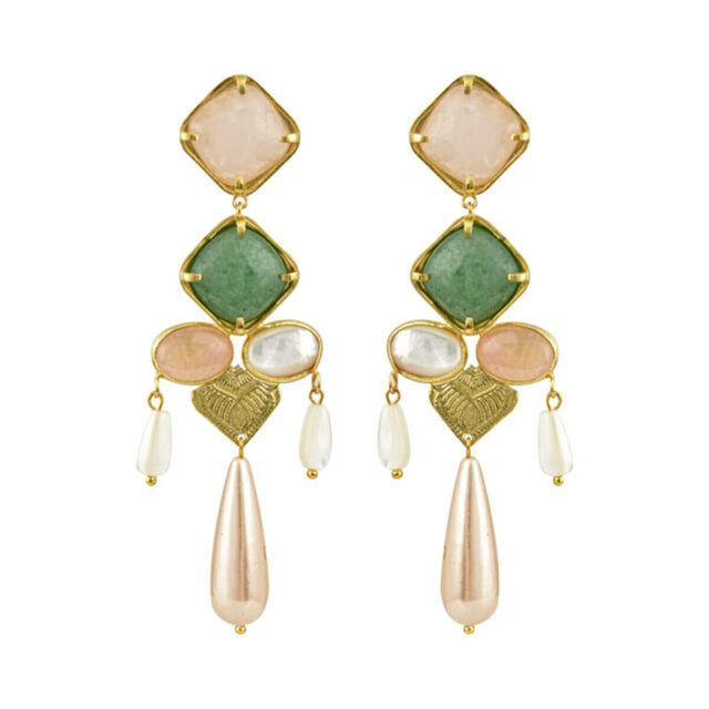 Women's Earrings IRIS Desperate Design Bronze Gold Plated Stones Pink Agate-Aventurine-Mother Of Pearl