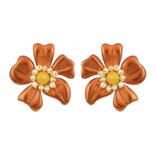 Women's Handmade Earrings ORCHID  Desperate Design Bronze Nanoceramic-Baroque Pearl-Orange Agate