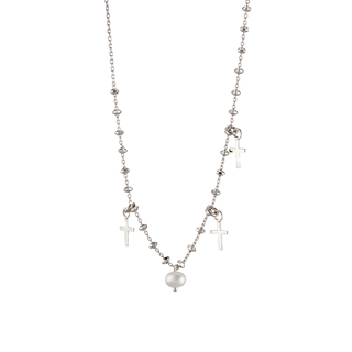 Women's Loisir 01L01-03496 Cosmic Silver Necklace With Crosses And Pearl 