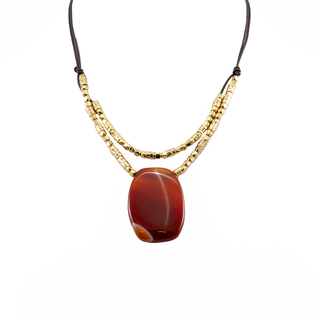 Women's Necklace 01L05-00462 Loisir Silver 925 Gold Plated-Leather-Cornelian Agate