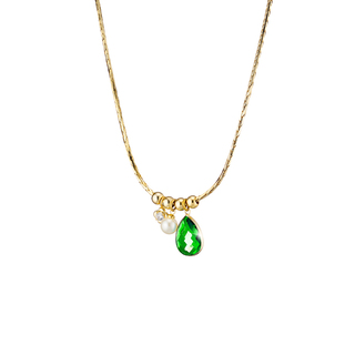 Women's Dance Necklace 01L15-01782 Loisir Bronze Gold Plated Chain With Green Crystal And Pearl