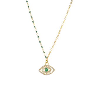 Women's Necklace Look At Me 01L15-01796 Loisir Brass Gold Plated Green Rosary With Green Eye And Zircon