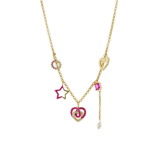 Women's Necklace Dolley 01L15-02172 Loisir Made of Gold-Plated Brass Heart With Elements, Fuchsia Glitter, Pearl and Zircon