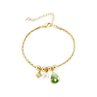 Women's Dance Bracelet 02L15-01602 Loisir Bronze Gold Plated Chain With Green Crystal And Pearl
