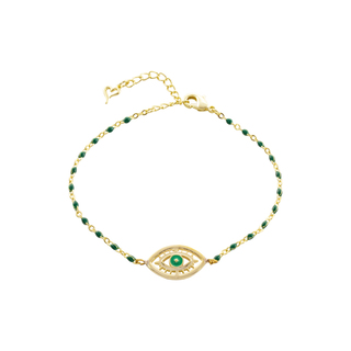 Women's Look At Me Bracelet 02L15-01627 Loisir Brass Gold Plated Eye With Green Rosary And Green Eye