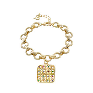 Women's Bracelet Basket 02L15-01635 Loisir Brass Gold Plated With Square Element Chain And Colorful Zirconia