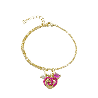 Women's Bracelet Dolley 02L15-01916 Loisir Made of Gold Plated Brass Heart With Elements, Fuchsia Glitter, Pearl And Zircon