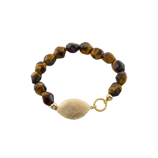 Γυναικείο Βραχιόλι Amal 02X05-02504 Oxette Ασημένιο Επίχρυσο Με Καφέ Ημιπολύτιμες Πέτρες Μάτι Τίγρης Και Οβάλ Στοιχείο