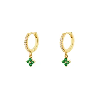 Women's Charming Hoop Earrings 03L05-01078 Loisir Silver Gold Plated With Green Zircon Flower