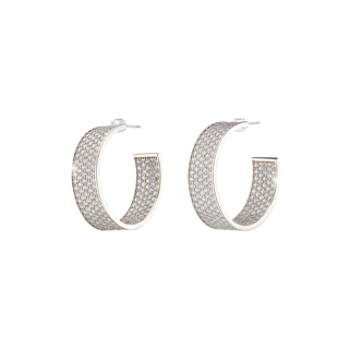 Women's Party Earrings Metal Silver Open Hoops With White Zircons 03X15-00580-Oxette