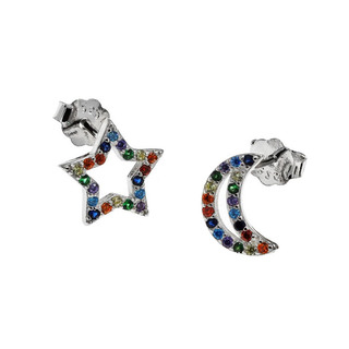 Children's Earrings Studs Crescent Moon And Star Silver 925- Colored Zircon Rhodium Plated 103100813.716
