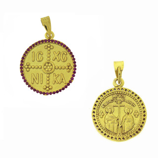 Γυναικείο Μενταγιόν Κωνσταντινάτο 16mm Δύο Όψεων Ασήμι 925-Επιχρυσωμένο Κόκκινα  Ζιργκόν 105102964.104