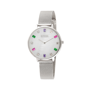 Women's Sparkle Watch 11L03-00483 Loisir With Steel Mesh Band And White Mop Dial With Colorful Crystals