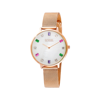 Women's Sparkle Watch 11L05-00618 Loisir With Rose Gold Plated Steel Mesh Band And White Mop Dial With Colorful Crystals