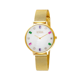 Women's Sparkle Watch 11L05-00619 Loisir With  Gold Plated Steel Mesh Band And White Mop Dial With Colorful Crystals