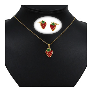 Children's Set Necklace-Earrings Strawberry-Enamel 313100398 Steel 316L IP Gold Plating