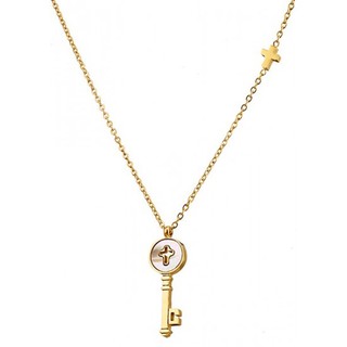 Women's necklace little key-cross-mother of pearl surgical steel 316L gold IP N-07027G