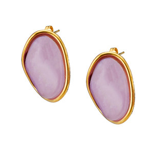 Women's Oval Earrings  With Colored Stone Steel Gold IP N-02362 Artcollection