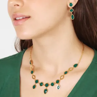 Women's Necklace Drops Orchid Steel-Gold Plated With Green Crystals DCO040B Anartxy