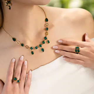 Women's Necklace Drops Orchid Steel-Gold Plated With Green Crystals DCO040B Anartxy