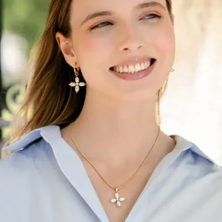 Women's Long Hoop Earrings Essentials Shai DPE230A1 Surgical Steel 316L Gold Plated IP-White Pearl-White Zircon Anartxy