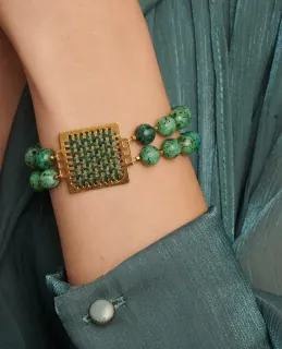 Women's Handmade Impressive Rosette Bracelet Kedima Brass-Thread-Amazonite Stones TESSERA STONE GREEN-GRAY LifeLike
