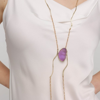 Γυναικείο Χειροποίητο Μακρύ Κολιέ Elemental Pebble Necklace | GK1823L Kalliope Ορείχαλκος- Λιλά Χυτευμένη Ρητίνη