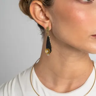 Women's Handmade Long Earrings Nest | GS1870 Kalliope Brass With Black Resin And White Crystals