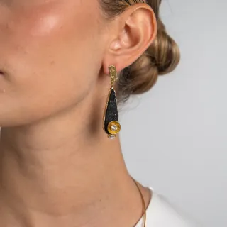 Women's Handmade Long Earrings Nest | GS1870 Kalliope Brass With Black Resin And White Crystals