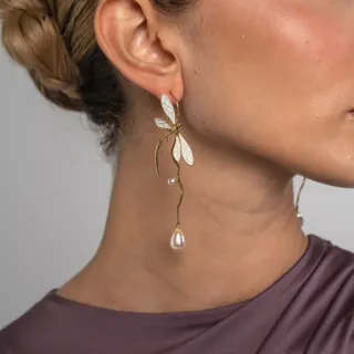 Women's Handmade Earrings Buzz | GS1874 Kalliope Brass-White Enamel And White Pearls