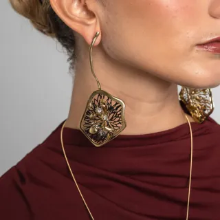 Women's Handmade Long Earrings Gloom | GS1889 Kalliope Brass-Black Oxidation-White Crystals