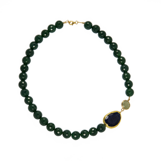 Women's Necklace KRAMA JEWELS Green Agate 12mm-Black Cat Eye Silver 925-Gold Plated KK0976