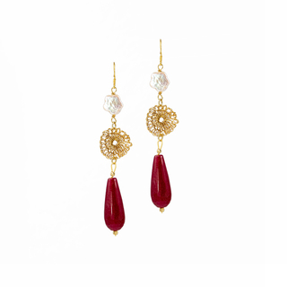 Women's Earrings Big Tear KRAMA JEWELS Silver 925-Gold Plated Baroque Pearl And Burgundy Jade KS00868
