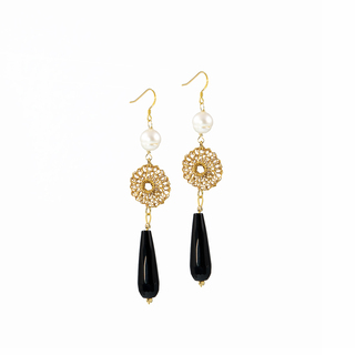 Women's Earrings Big Tear KRAMA JEWELS Silver 925-Gold Plated Baroque Pearl And Black Onyx KS00869