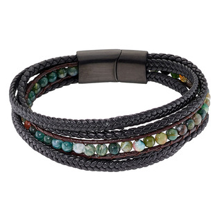 Men's Bracelet Black Leather-Steel Black IP-Gray Jasper N-00477 Artcollection