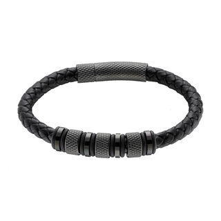 Men's Bracelet Black Leather-Steel Black IP N-00498 Artcollection