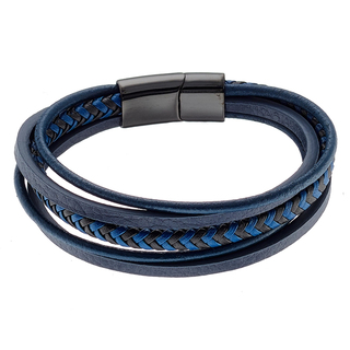 Men's Bracelet Blue Leather-Steel Black IP N-00526 Artcollection