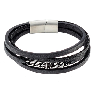Men's Bracelet Black Leather-Steel Black IP N-00528 Artcollection