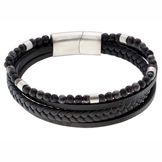 Men's Bracelet Black Leather-Steel Black Lava-Agate N-00534 Artcollection
