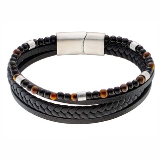 Men's Bracelet Black Leather-Steel Black Onyx-Tiger Eye N-00535 Artcollection