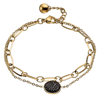 Women's Double Chain Bracelet Charms-Black Crystals Steel-Gold IP N-00873G Artcollection