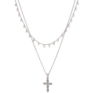 Women's Short Cross Necklace and Double Chain 316L Steel-White Zircons N-07209 Artcollection
