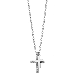 Women's Short Double Cross Necklace 316L Steel-White Zircons N-07357 Artcollection